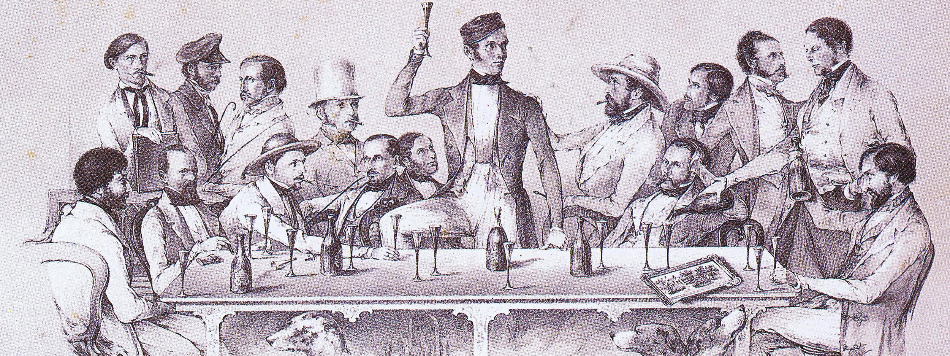 Altertümliche Zeichnung mit Männer, welche am Tisch sitzen und Sekt trinken