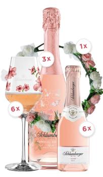 Schlumberger Bachelorette Paket mit Spring Edition, Spring Gläser, Spring Kranz, und Rosé Brut Piccolo Flaschen