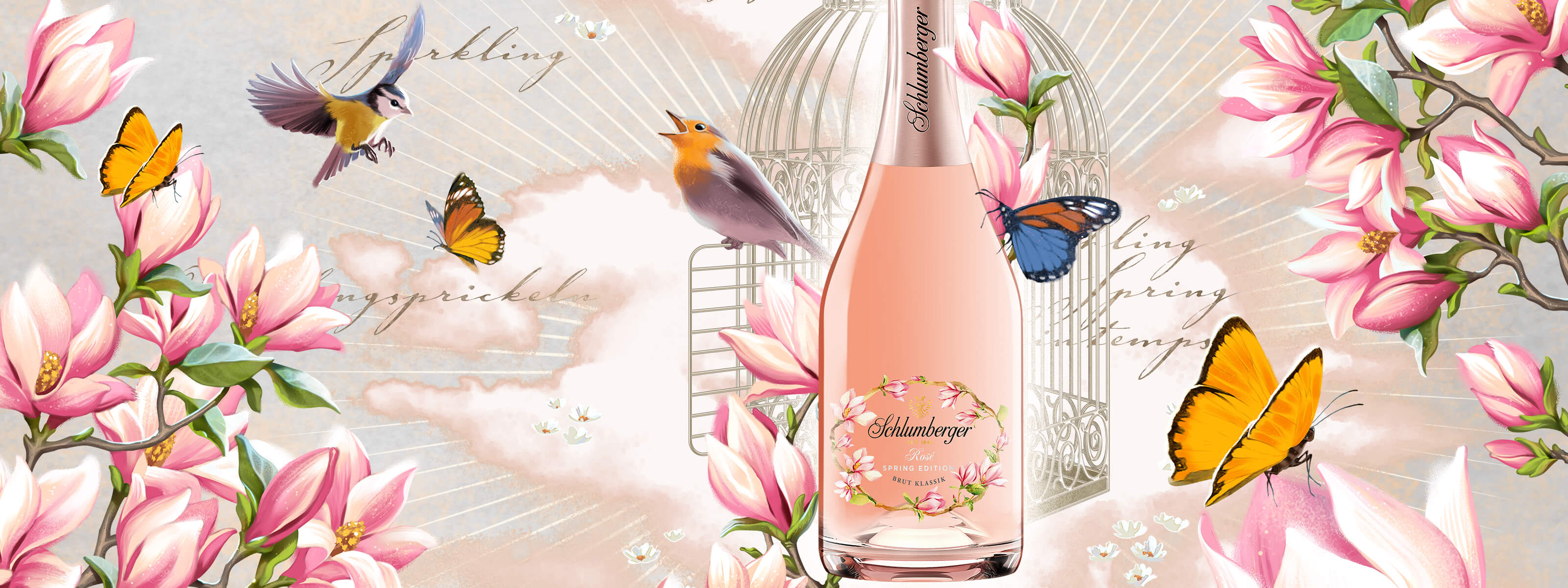 Sparkling Spring Welt mit Rosé Spring Edition, Blumen, Vögel, Schmetterlingen