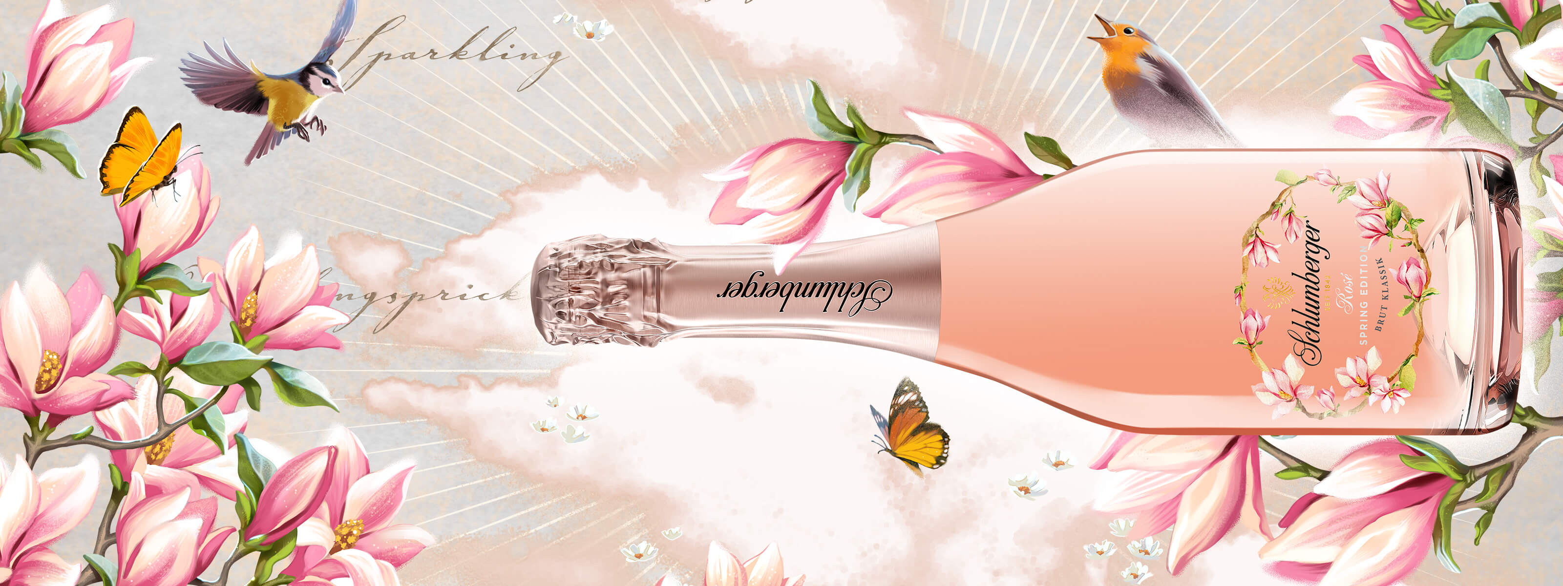 Sparkling Spring Welt horizontal mit Rosé Spring Edition, Blumen, Vögel, Schmetterlingen