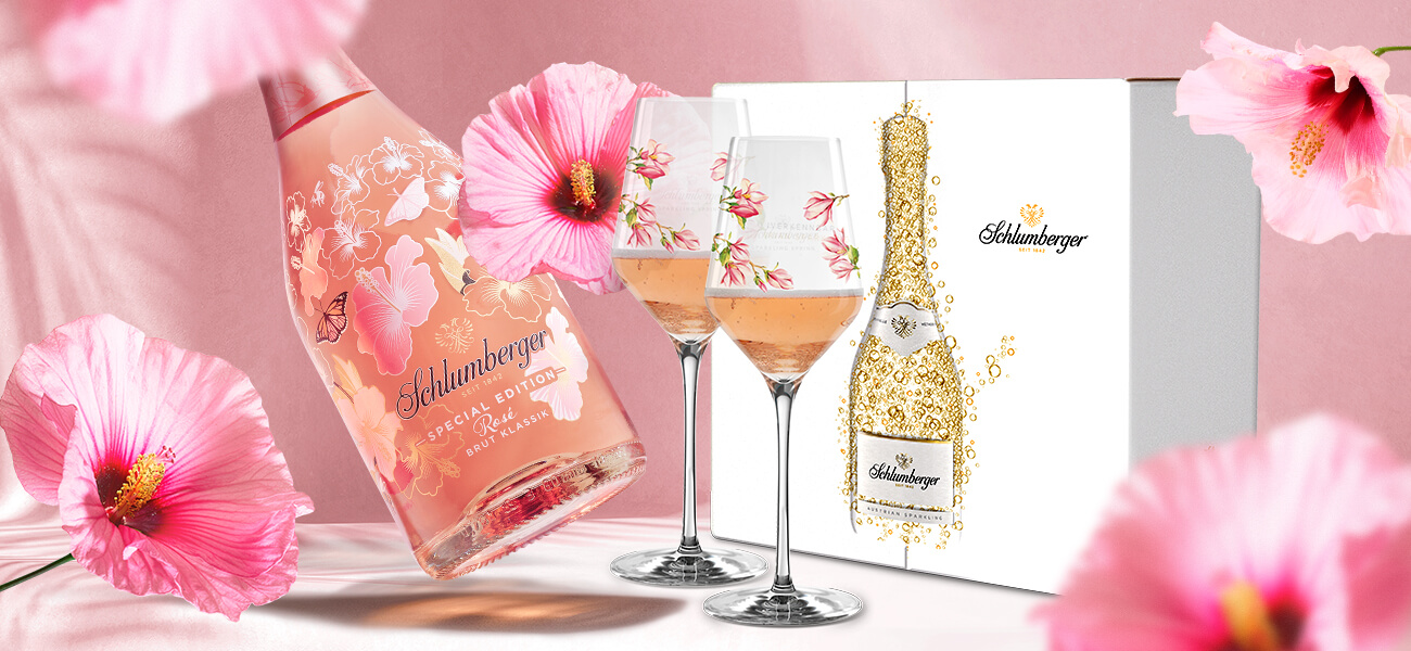 Schlumberger Sparkling Spring Paket bestehend aus zwei Spring Gläsern, einer Rosé Spring Edition Brut Klassik 0,75 Liter Flasche und einem Sparkling Spring Fächer