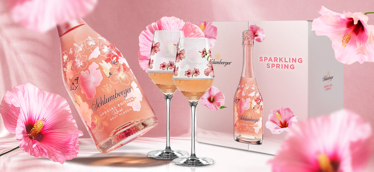 Schlumberger Sparkling Spring Paket bestehend aus einer Rosé Spring Edition Brut Klassik 0,75 Liter Flasche & zwei Spring Gläsern.