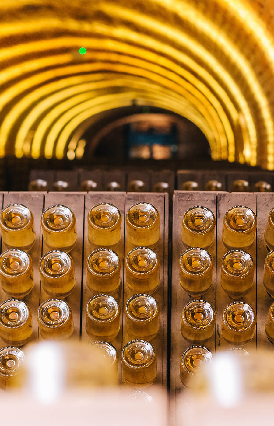 Sektflaschen im Keller in einem Rüttelpult.