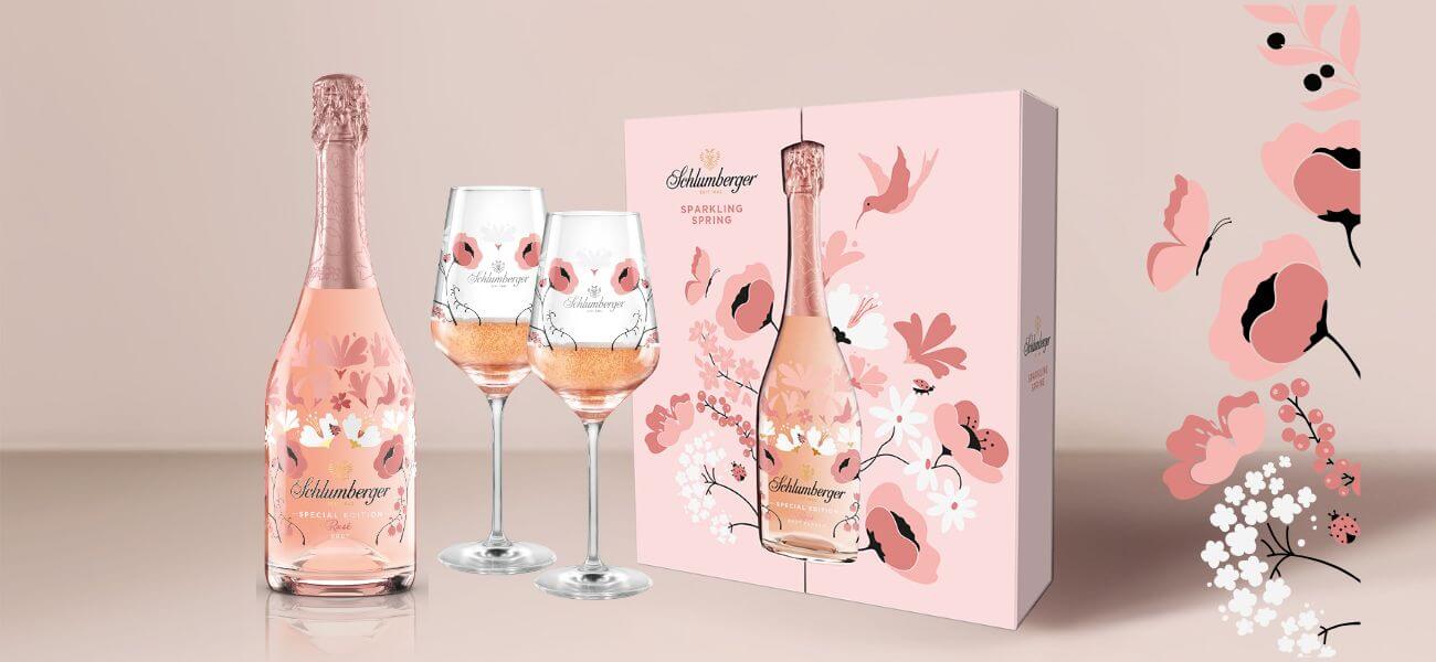 Schlumberger Sparkling Spring Paket bestehend aus einer Rosé Spring Edition Brut Klassik 0,75 Liter Flasche & zwei Spring Gläsern.