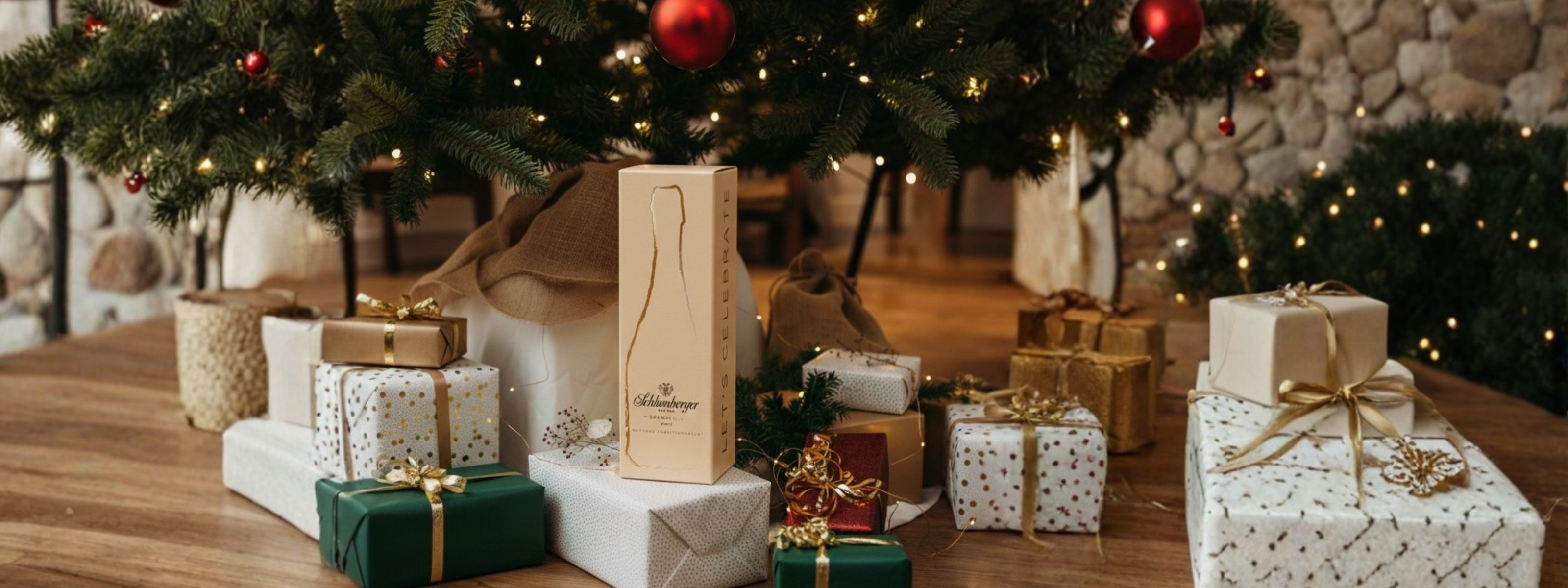 Schenke liegen unter einem Christbaum, auch ein Schlumberger Sparklinng Brut im Geschenkkarton