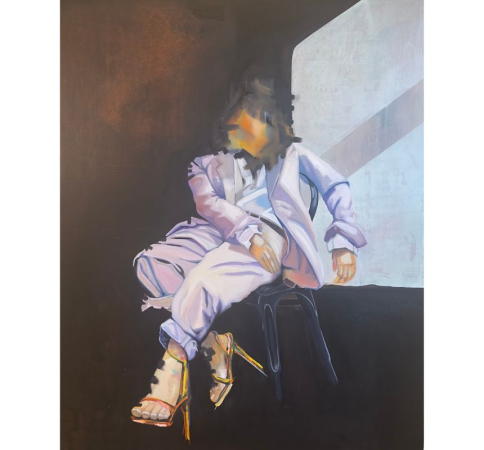 Gemälde von Dame im Hosenanzug auf Sessel