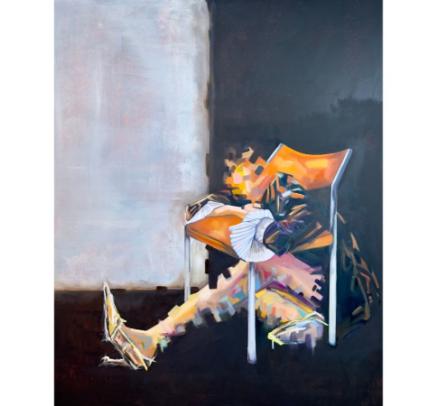 Gemälde von Dame im Kleid am Boden mit Sessel