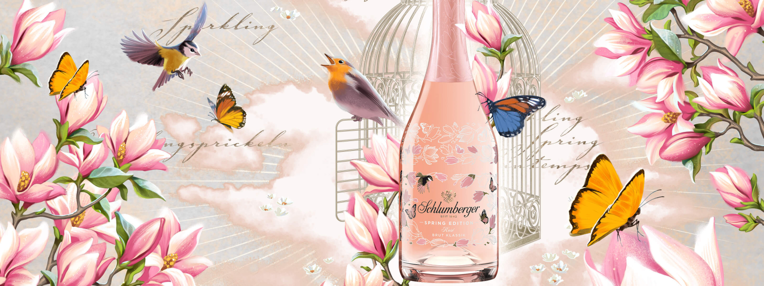 Sparkling Spring Welt mit Rosé Spring Edition, Blumen, Vögel, Schmetterlingen