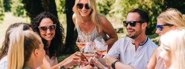 Gruppe junger Leute beim Anstoßen mit einem Glas Schlumberger Sparkling Spring im Park.