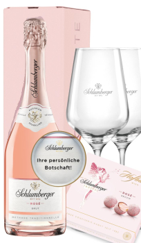 Valentinstagspaket Rose Brut mit 2 Gläsern und Pralinen