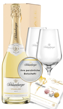 Muttertagspaket mit einer personalisierten Sparkling Flasche, zwei Weingläsern und 1 Schachtel Pralinen