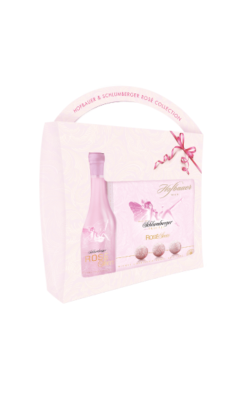Marc de Schlumberger Rosé Secco Trueffel Pralinen 130g + 0,2 Liter Rosé Secco Piccolo Flasche