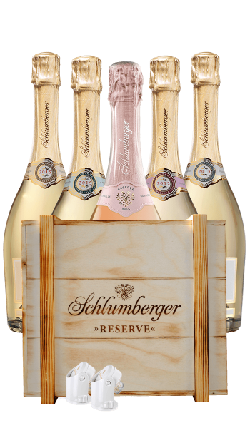 Schlumberger Genusspaket Reserve in stylischer Holzkiste und zwei gratis Sektverschlüsse