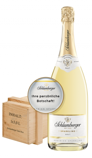 Schlumberger Sparkling 3L Flasche mit personalisierbarem Etikett in Holzkiste