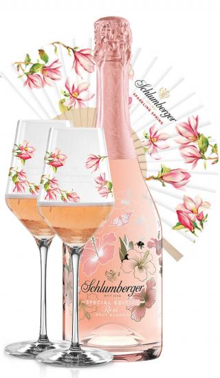 Schlumberger Rosé Spring Edition Brut Klassik im Sparkling Spring Paket mit Fächer und zwei Gläser
