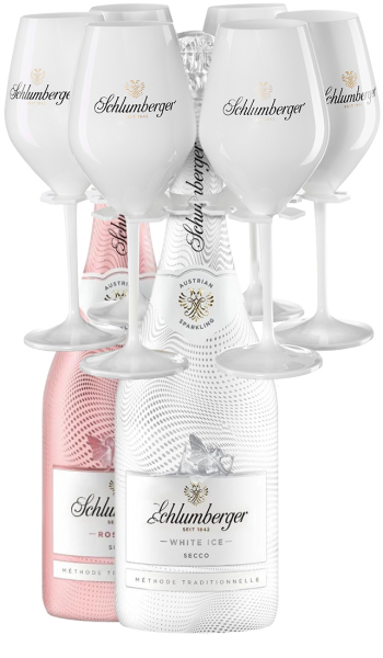 Winter Paket bestehend aus einer White und einer Rosé Ice Secco Flasche, 6 Gläser und einem Serviertool in Form einer Schneeflocke