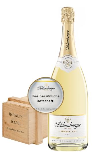 Schlumberger Sparkling 3L Flasche mit personalisierbarem Etikett in Holzkiste