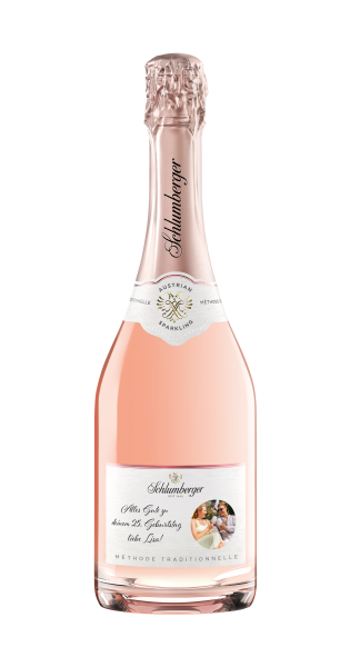 Schlumberger Rose 0,75L personalisiert mit geschwungener Schrift und Bild