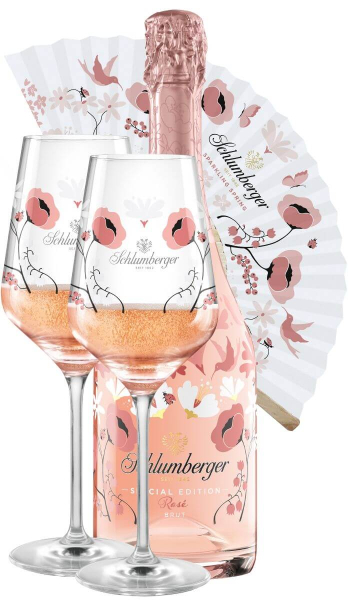 Schlumberger Rosé Spring Edition Brut Klassik im Sparkling Spring Paket mit Fächer und zwei Gläser