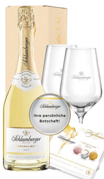 Valentinstagspaket Sparkling Brut mit 2 Gläsern und Pralinen