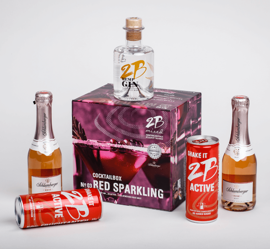 2B Cocktailbox mit Gin, Schlumberger Rosé Brut und 2B Active Dosen