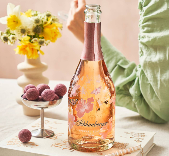 Hofbauer Marc de Schlumberger Rosé Secco Trueffel Pralinen mit Schlumberger Spring Edition