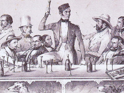 Altertümliche Zeichnung mit Männer, welche am Tisch sitzen und Sekt trinken