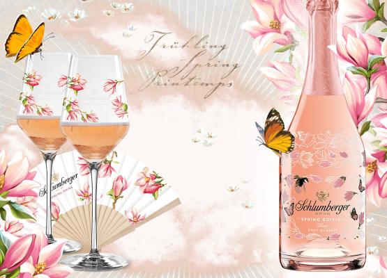 Schlumberger Rosé Spring Edition mit Blumen und Vogel